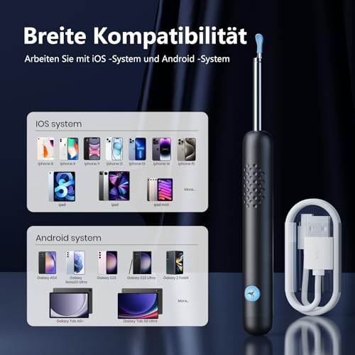 Ohrenschmalz Entferner Otoskop, 1080P HD WiFi Ohrenreiniger Kamera, 3.5mm Ohr Kamera mit 6 LEDs, IP67 Wasserdicht Ohrenspiegel, 360°-Weitwinkel Otoskop Kamera für Erwachsene,Kinder,iOS,iPad,Android
