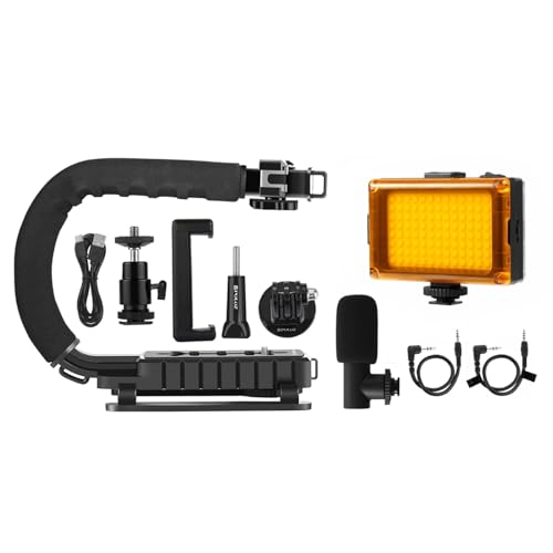 PULUZ U/C Shape Portable Handheld Bracket Stabilizer Kits Handle Grip + LED Studio Light + Video Microphone Kit with Cold Shoe Tripod Head for All SLR Cameras and Home DV Camera Smartphones