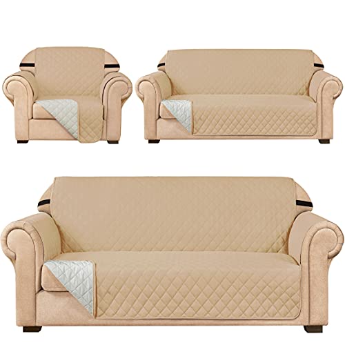 SUBRTEX Couch Cover Set Included Sofa Loveseat and Chair Covers Reversible Premium Furniture Protector with Elastic Straps for Dogs Pets(Sand,Chair&Loveseat&Sofa) -  sofa cover246