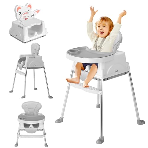 Baby High Chair, 6 in 1 Convertible High Chairs for Babies and Toddlers, Toddler Feeding Chair with Double Removable Tray, Adjustable Footrest & Machine Washable Cushion(Grey)