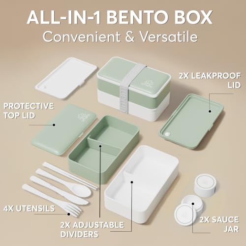 Image of Umami Bento Box Adult All-In-1 w /4 Utensils, 2Sauce Jars, 2 Dividers, 100% Leakproof, Microwave & Dishwasher Safe, Stackable Bento Lunch Box Containers for Men & Women, Green, 40 oz