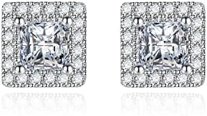 Shuxin Silver Stud Earrings for Women, 925 Sterling Silver Halo Stud Diamante Earrings, White Gold Square Earrings for Women, Heart Shaped Diamond Earrings for Women, Silver/Gold/Rose Gold