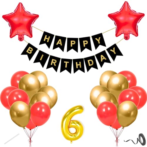Image of Flyloons 6th Happy Birthday Decoration Kit Red Gold for Boys Girls Kids Twins Men Women With 20 Pcs Chrome Balloons Birthday Banner 2 Pcs Star Items Set
