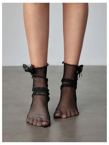 Image of SHENHE Women's Sheer Fishnet Rhinestone Hollow Out Thin Mid Calf Anklet Crew Socks