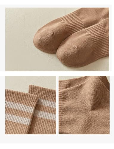 Image of Deeorla Womens Striped Crew Socks Brown Vintage Retro Athletic Socks 5 Pairs