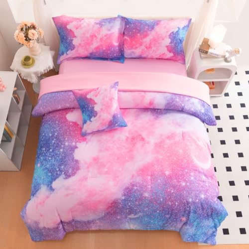 Image of Galaxy Girls Twin Bedding Set, 6 Pcs Twin Szie Comforter Set with Sheets, Glitter Pink Purple Bedding Set for Girls Kids
