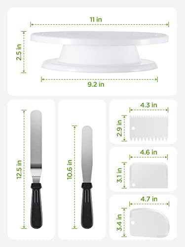 InnoGear Cake Turntable, Rotating Cake Stand with 3 Icing Smoother, 12 Cake Piping Nozzles Tips, 2 Coupler and 50 Disposable Pastry Bags, Straight & Offset Spatula, Stainless Steel