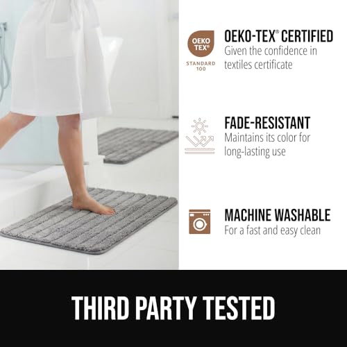 GORILLA GRIP Textured Backing Bathroom Rugs, Soft Memory Foam Absorbent Striped Bath Mats, Machine Washable & Fade Resistant, Bathmat Accessories for Floor, Home Decor Shower Essentials, Gray 24x16