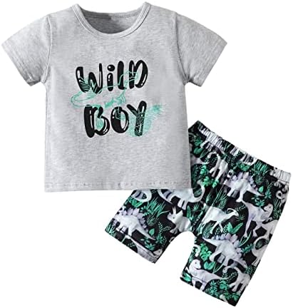 U·nikaka Toddler Baby Boy Summer Beach Outfit Dinosaur Printed Shorts Gray Letters Print T-Shirt Clothes 2pcs Sets 12 Months 18 Months