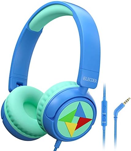 ELECDER i43 Kids Headphones with Microphone 85dB 94dB Volume Limited 3.5mm Jack Foldable Adjustable Wired On Ear Headphones for Children Girls Boys Teens Cellphones PC Kindle School Tablet Blue/Green