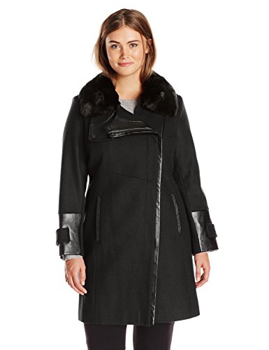 Via Spiga Women's Plus-Size Asymmetrical Zip Front Wool Coat with Faux Fur Collar, Camel, 18W