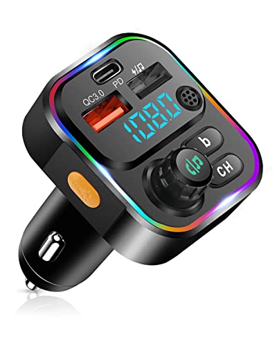 Transmetteur FM Bluetooth Voiture, PD20W & QC3.0 Allume Cigare Bluetooth 5.0 avec Lecteur de Musique MP3 Basse, Appels Mains Libres, Adaptateur Bluetooth Voiture Prend en Charge le Disque U & Carte TF Cover