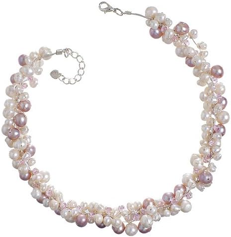 Chuvora Genuine Pink Cultured Fresh Water Pearl with Crystal 3-Strand Silk Thread Cluster Necklace 16"-17" Princess Length