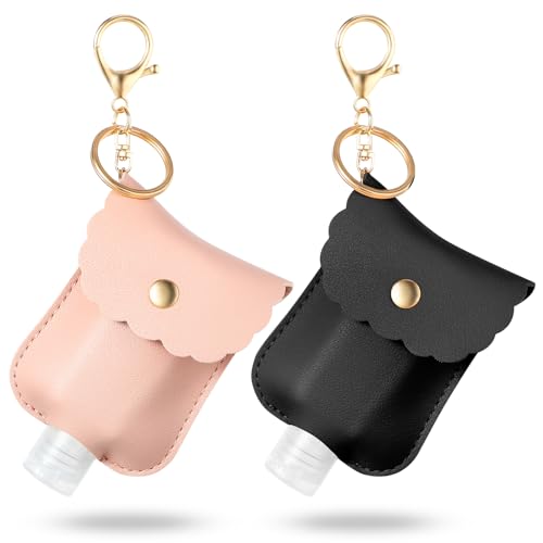 PEOVLVN 2Pcs Hand Sanitizer Holder Keychain, 60ml Portable Leather Sanitizer Travel Size Keychain Hand Sanitizer Case Refillable Container for Toiletry Lotion Liquid Soap Shampoo (Black, Pink)