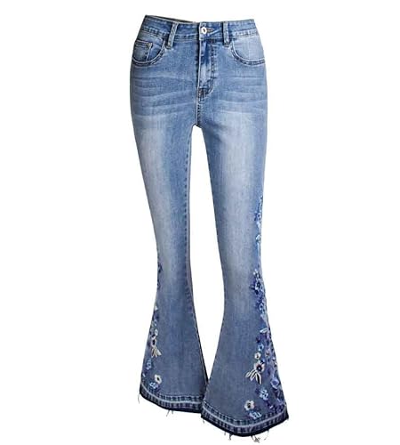 Twomoonbirds Bell Bottom Jeans For Women Flared Floral Embroidered Jean Wide Leg Denim Pants Size S #TOP15