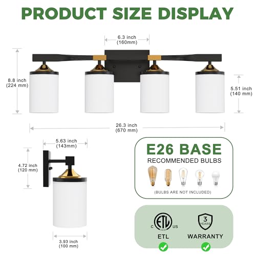 Image of DORESshop Bathroom Light Fixtures, 4-Light Black and Gold & Milky White Bathroom Lighting Fixtures Over Mirror with Milk Glass Shade, Modern Vanity Lights for Hallway Bedroom