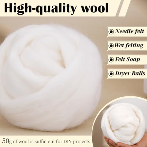 Image of Mayboos 1.76oz Original White Natural Wool Roving, Needle Felting Wool | Wool for Needle Felting for Wet /Dry Felting Handcrafts and Spinning Felting Supplies