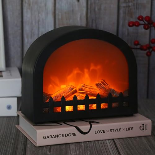 Image of Small Cozy Fireplace Lantern Traditional Realistic Log Wood Burning Flame Effect Ligh LED Charcoal Style Table LampFor Indoor & Outdoor Use(4.8''X4.8''X4.9'')