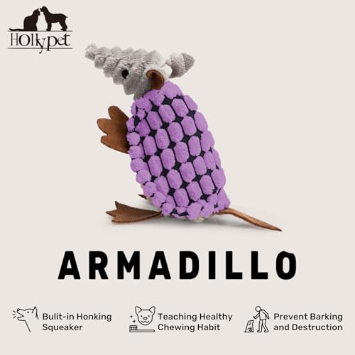 Image of Hollypet Plush Dog Squeaky Toy Stuffed Armadillo Animal Pet Puppy Chew Toys with Clean Teeth for Small Medium Large All Breed Sizes Dogs, Purple, 6 in