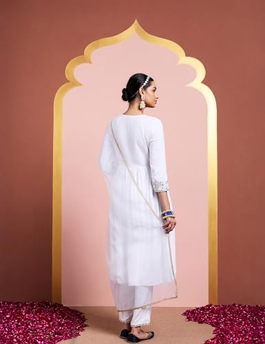 Image of Amazon Brand - Myx Women's Embroidered Anarkali Kurta Pant Set with Organza Dupatta | Salwar Suit (Available in Plus Sizes)