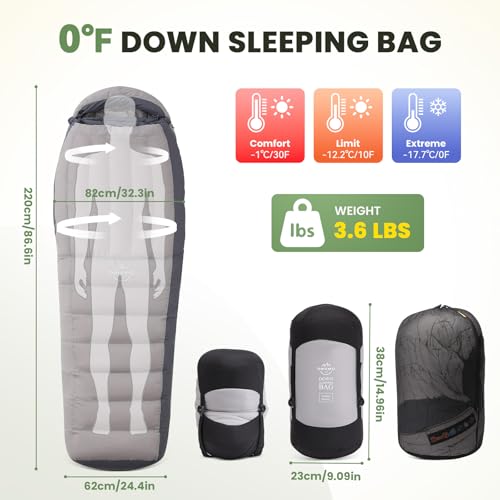 Bolsa de Dormir Mummy Down para Adultos; 0°F 15°F 650 Fill Power para Senderismo, Camping y Mochilero; 4 Estaciones; Ligera (Gris/0°F/Cremallera Derecha/Duck Down) miniatura 3