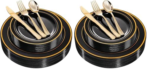 WDF 125Pieces Black Plates Disposable with Gold Rim & Disposable ...