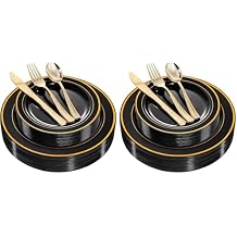 WDF 125Pieces Black Plates Disposable with Gold Rim & Disposable Gold Plastic Silverware for Halloween - 50 Graduation Plates - 25 Forks, 25 Knives, 25 Spoons Pack of 2