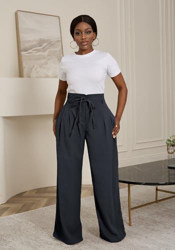 Famnbro Womens Wide Leg Work Pants High Waist Tie Belt Loose Fit Slacks Business Casual Dressy Trousers Pants2