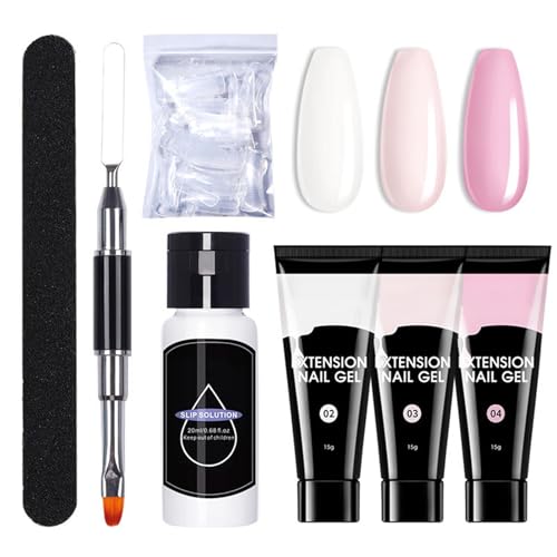Poly Gel Nail Kit - 3 Colours White Pink Poly Nail Extension Kit - Nail Builder Gel Kit with Slip Solution for Polygel Nails - Polygel Nail Kit Nail Art DIY for Women