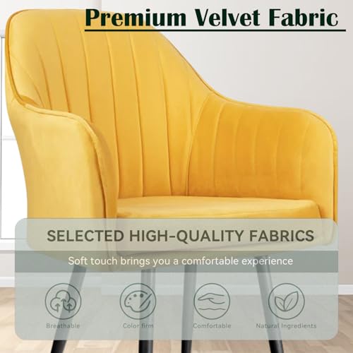 Image of Velvet Accent Chair | Luxury Upholstered Armchair with Sturdy Metal Legs | Modern Comfortable Chair for Living Room, Bedroom, Office, or Cafe (Black Legs, Yellow)