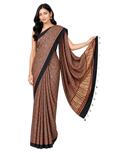 Image of Ethnics of Kutch Womens Ajrakh Modal Silk Natural Dye Golden Border Hand Block Print Saree with Blouse Piece - 5.5 Mtr Length (Red 05C01D)