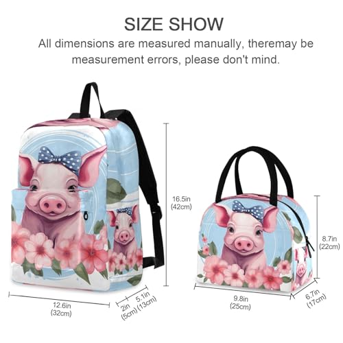 Lunchbox Backpack Waterproof Soft Cooler, Book Bags with Lunch Box, Cute Pig with Bow2