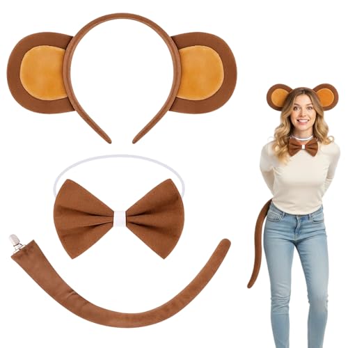 ZocRjvN 3 Affen Kostüm Set Tierkostüm für Erwachsene Damen und Herren Komplettes Affenkostüm mit Ohren Schwanz und Fliege für Fasching und Karneval