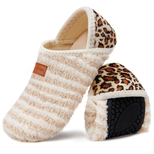 Tanamo Women's Leopard Grid Beige Striped Fashion Animal No Heel Closed Toe Lightweight Cozy Comfy Slippers Socks for Home Bedroom Travel Yoga 6.5-7.5 Women/5.5-6.5 Men