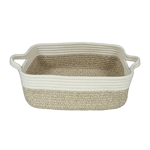 Woven Cotton Rope Storage Basket with Handles for Organizing Shelves Closet Small Cat Dog Pet Toy Baskets Box Bin Decorative Rectangle Baby Nursery Basket Gift Basket Empty