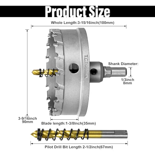 Image of SALI 3-9 /16 inch(90mm) TCT Hole Saw Kit Tungsten Carbide Tipped Hole Saw Drill Bit with Titanium-Plated Pilot Drill bit for Metal, Stainless Steel, Iron, Wood, Plastic