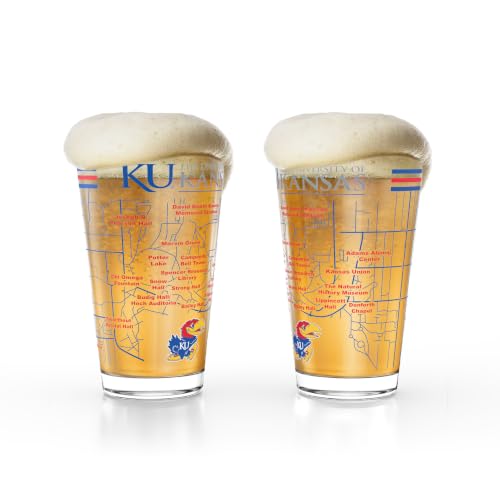 Greenline Goods – University of Kansas Jayhawks College Pint Beer Glasses (Set of 2), 16 oz – Full-Color Logo + Campus Map