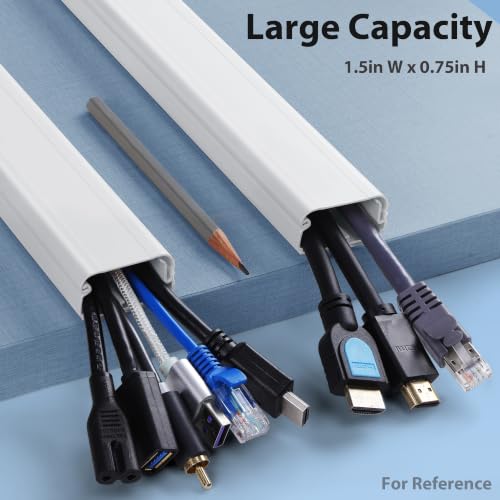 Image of ZhiYo 63in White Cord Cover, TV Cord Hider for Wall Mount, 1.5inW x 0.75inH | Fits 3-6 Cords, Portable Hinged Cover, Strong Adhesive Tape, Paintable Large Cable Management Raceway, 4 Pack (15.8in Each)