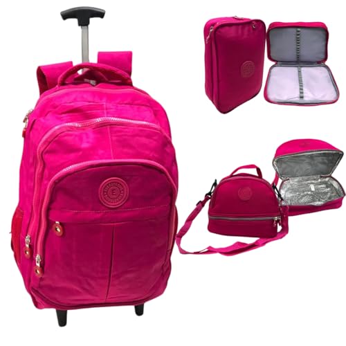 Kit Escolar Completo - Mochila de Rodinhas, Lancheira Térmica e Estojo Espaçoso Juvenil (Rosa Chiclete)