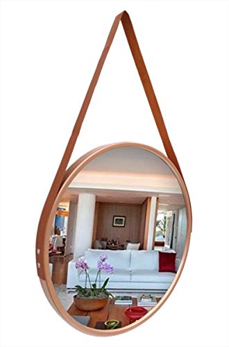 Espelho de Pendurar Emoldurado Redondo Decorativo Rose Gold 60cm Alça Marrom
