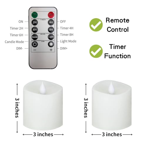 Image of 3x3 Flickering Flameless Candles Set of 2,3 inch Real Wax LED 600 Hours Battery Candles with Timer Remote,Control for Wedding Party Indoor, White