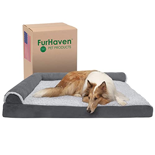 Image of Furhaven Cooling Gel Dog Bed for Large Dogs w / Removable Bolsters & Washable Cover, For Dogs Up to 125 lbs - Two-Tone Plush Faux Fur & Suede L Shaped Chaise - Stone Gray, Jumbo Plus /XXL