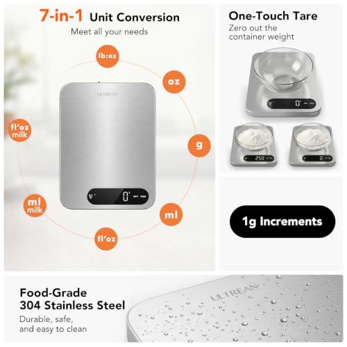 Image of Ultrean IPX7 Waterproof Food Scale, 33lb Rechargeable Kitchen Scale Digital Weight Grams and Ounces, Large Platform, 1g Precision, 304 Stainless Steel, LED Display for Cooking, Baking & Meal Prep