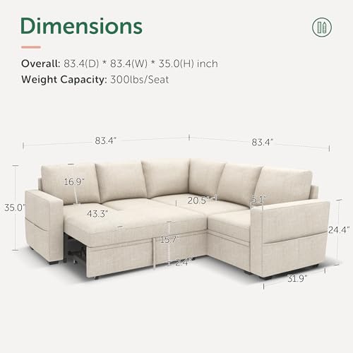 Image of HONBAY Modular Sectional Sleeper Sofa with Pull Out Bed, L Shaped Couch with Storage Seat, Convertible Sectional Couches for Living Room, Beige