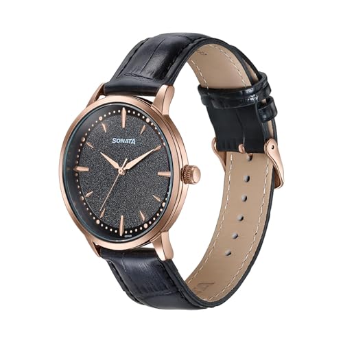Image of Sonata Jashn with Quartz Analog Black Dial Black Leather Strap Men's Wedding Watch - 77208WL02