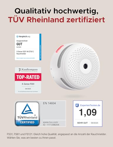 X-Sense Smart Rauchmelder XS01-M mit SBS50 Basisstation, Zertifiziert nach EN 14604, Funkrauchmelder...
