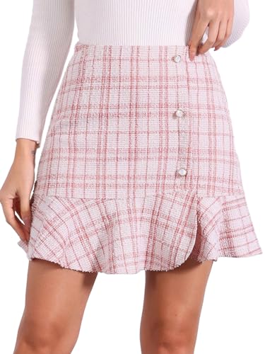 Allegra K Women High Waist Tweed Plaid Ruffle Hem Button Decor Mini Skirt