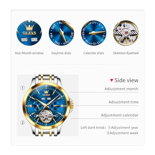 Image of OLEVS Automatic Watches for Men Luxury Skeleton Multi-Function Mechanical Watch Self Winding Date Waterproof Luminous Mens Watch