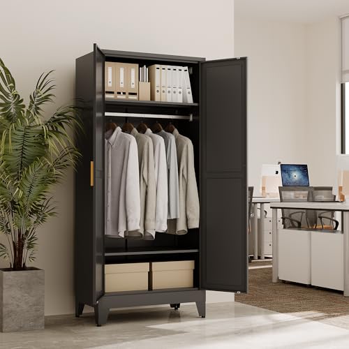 Metal Wardrobe Closet Hanging Rod 71" Tall, Heavy Duty Steel Armoire Wardrobe Cabinet, Clothing Storage Cabinet for Bedroom, Office, Laundry Room, 2 Shelves, Black