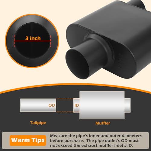 Image of A-KARCK Universal Exhaust Muffler 3 inch Center Inlet 2.25 inch Dual Outlet, 13 inch Overall Length Aluminized Steel Aggressive Sound Race Muffler for Cars, Trucks (Black)